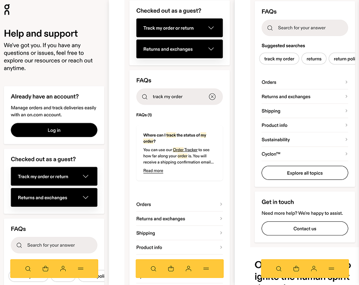 Mobile views of the redesigned help center showing the new layout, search functionality, FAQ sections, and topic navigation