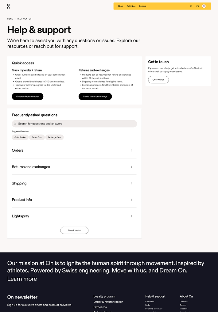 Desktop view of the On help center redesign with quick access cards, FAQ search, topic categories, and contact options