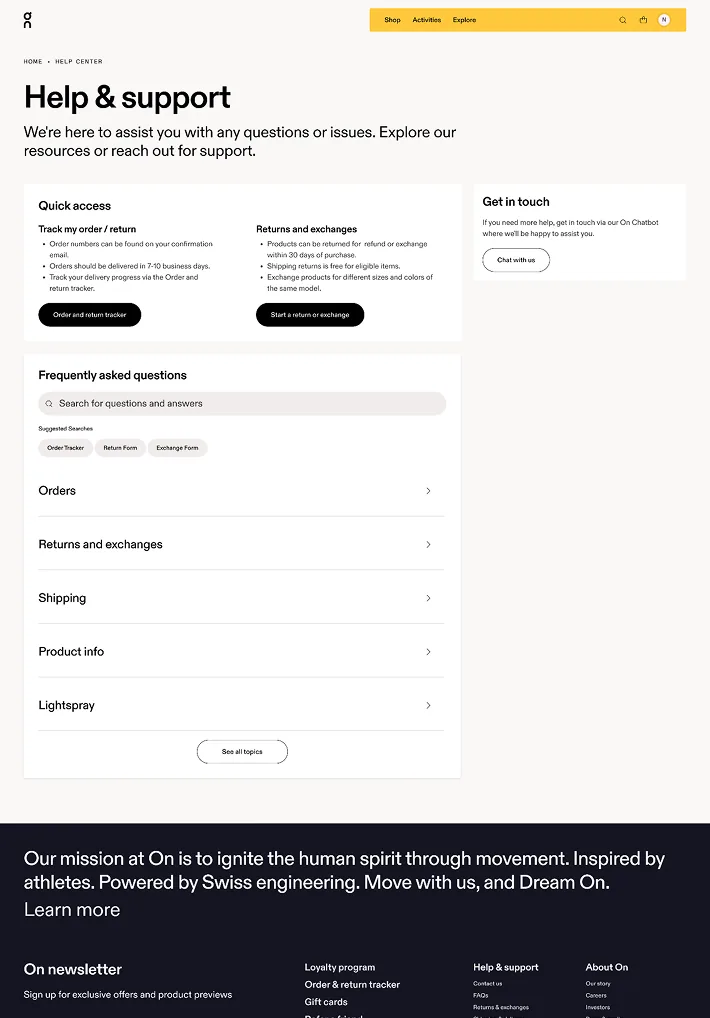 Desktop view of the On help center redesign with quick access cards, FAQ search, topic categories, and contact options