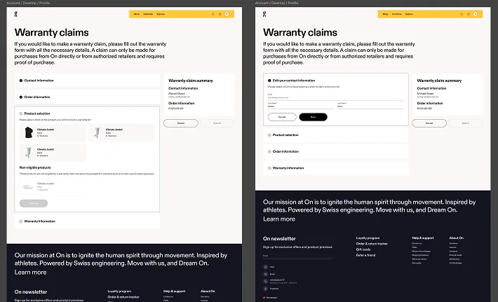 Two desktop states of the warranty claim form, showing the stepped contact and order sections beside a persistent claim summary, and the product picker separating items still under warranty from those that are not.